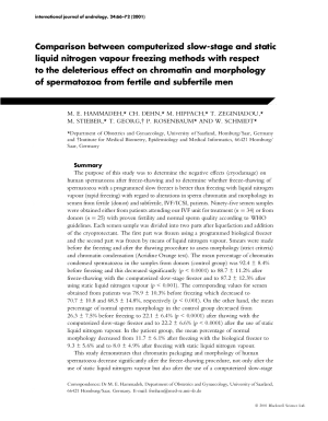 Comparison between computerized slow-stage and staticliquid nitrogen vapour freezing methods with respectto the deleterious effect on chromatin and morphologyof spermatozoa from fertile and subfertile men